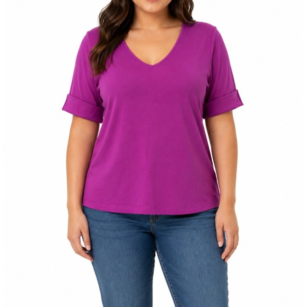 Lauren Ralph Lauren Top Women M Purple V Neck Roll Tab Sleeve Stretch Casual